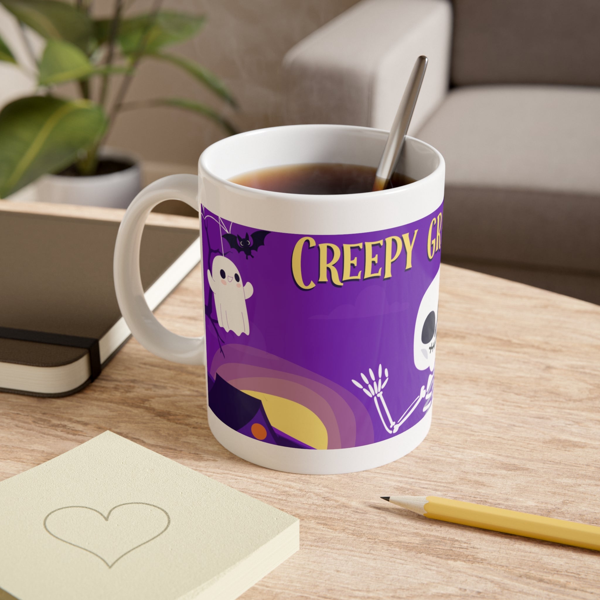 Creepy Graveyard with Halloween Skeleton | White Ceramic Mug